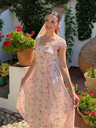 [Prévente] Robe rose floral décolleté cœur avec nœud années 50