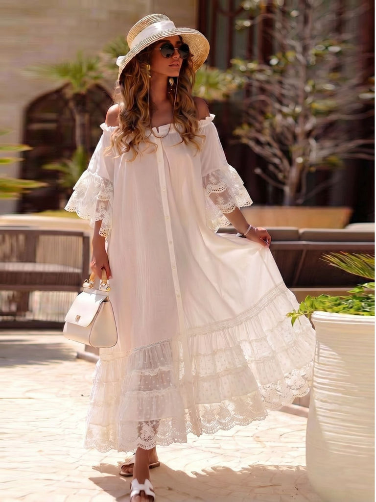 Robe Blanche Bohème Épaules Dénudées Années 1970