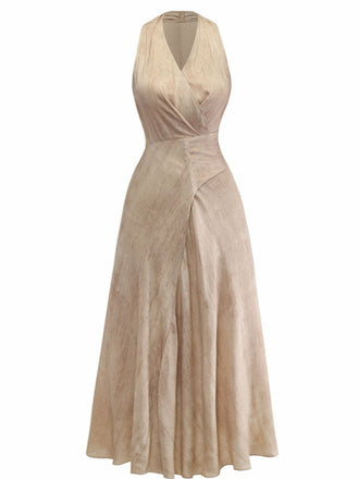 Abricot Linen Col V Sans Manches Ceinturé Robe Longue Années 1940 2