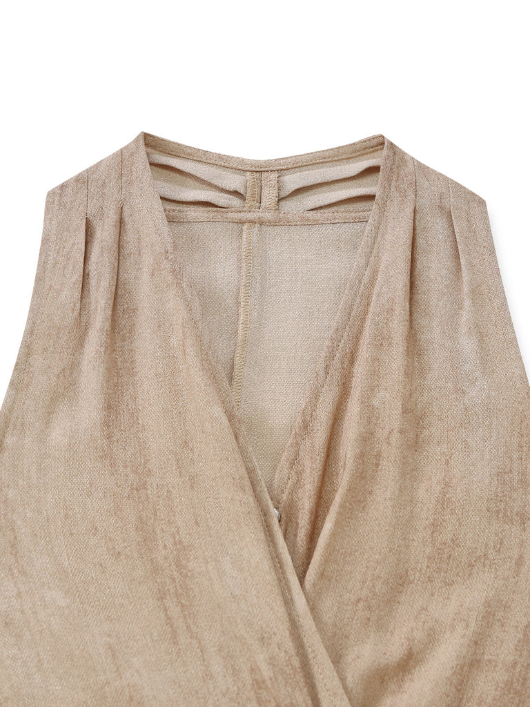 Abricot Linen Col V Sans Manches Ceinturé Robe Longue Années 1940 6