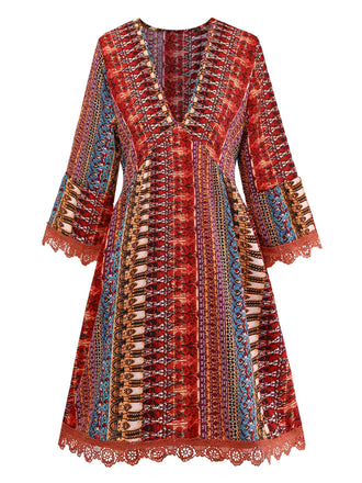 Multicolore Bohème Col V à Volants Étagés Sleeve Robe Années 1970