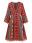 Robe bohème multicolore col V et manches volants années 1970