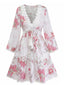 Robe dentelle rose imprimé floral ajouré col V années 1960