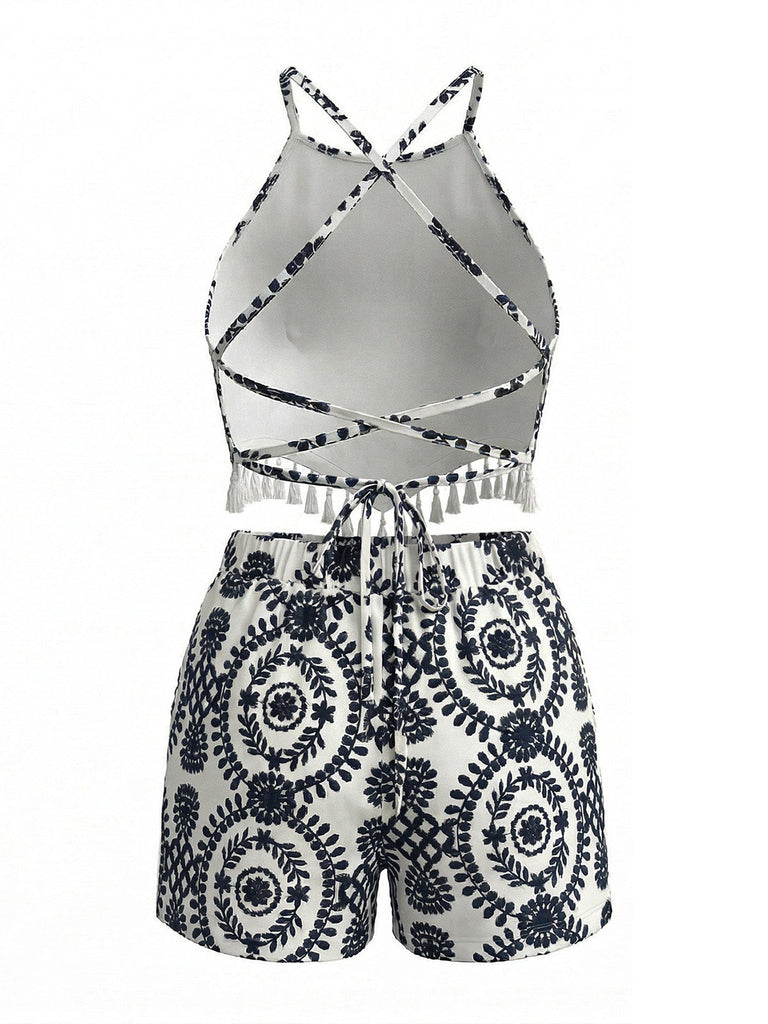 Ensemble 2 Pièces 2PCS Floral Halter Tassel Crop & Shorts Années 1970 2
