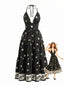 Maxi-robe bohème noire dos nu et col halter années 70