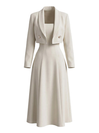 2PCS Robe Midi en A Ivoire avec Veste Blazer Années 1950