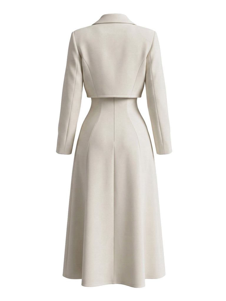 2PCS Robe Midi en A Ivoire avec Veste Blazer Années 1950