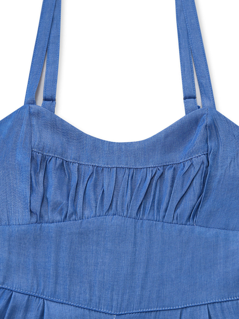 Combinaison Bleue en Denim à Bretelles Fines et Fronces Années '50 4