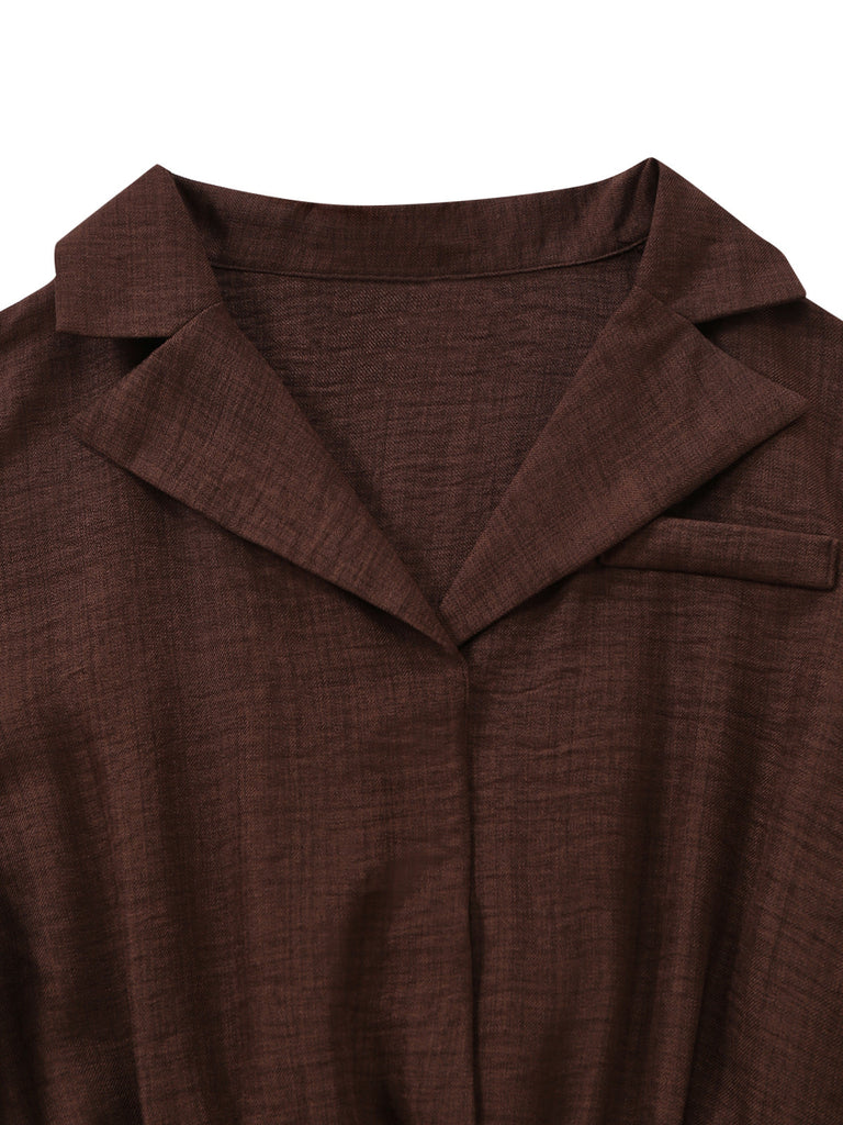 Combinaison Dark Café Revers Col Ceinturé Jambes Larges Années 1950 4