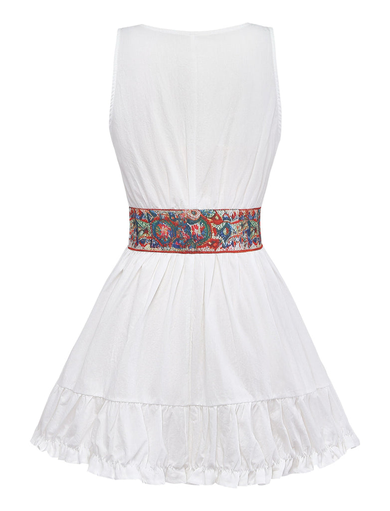 Blanc Col V Sans Manches Bohème Mini Robe Années 1970 3
