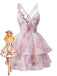 Mini Robe Rose à Décolleté Plongeant Fleurs 3D à Volants et Dos Nu Années '60
