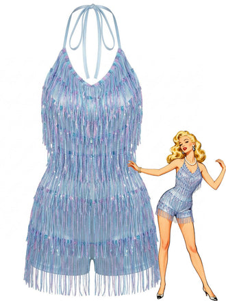 Combishort Bleu Halter à Paillettes et Franges Années '60
