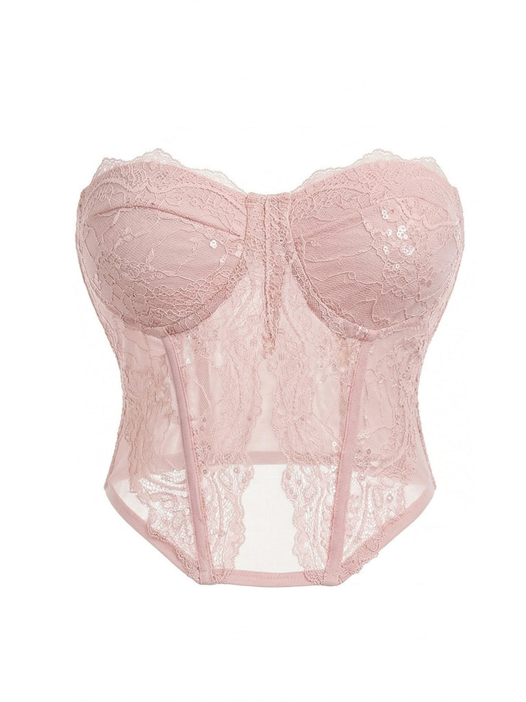 2 Pièces Rose Foncé Dentelle Uni Bandeau Haut & Brodé Jupe Années 1980 5