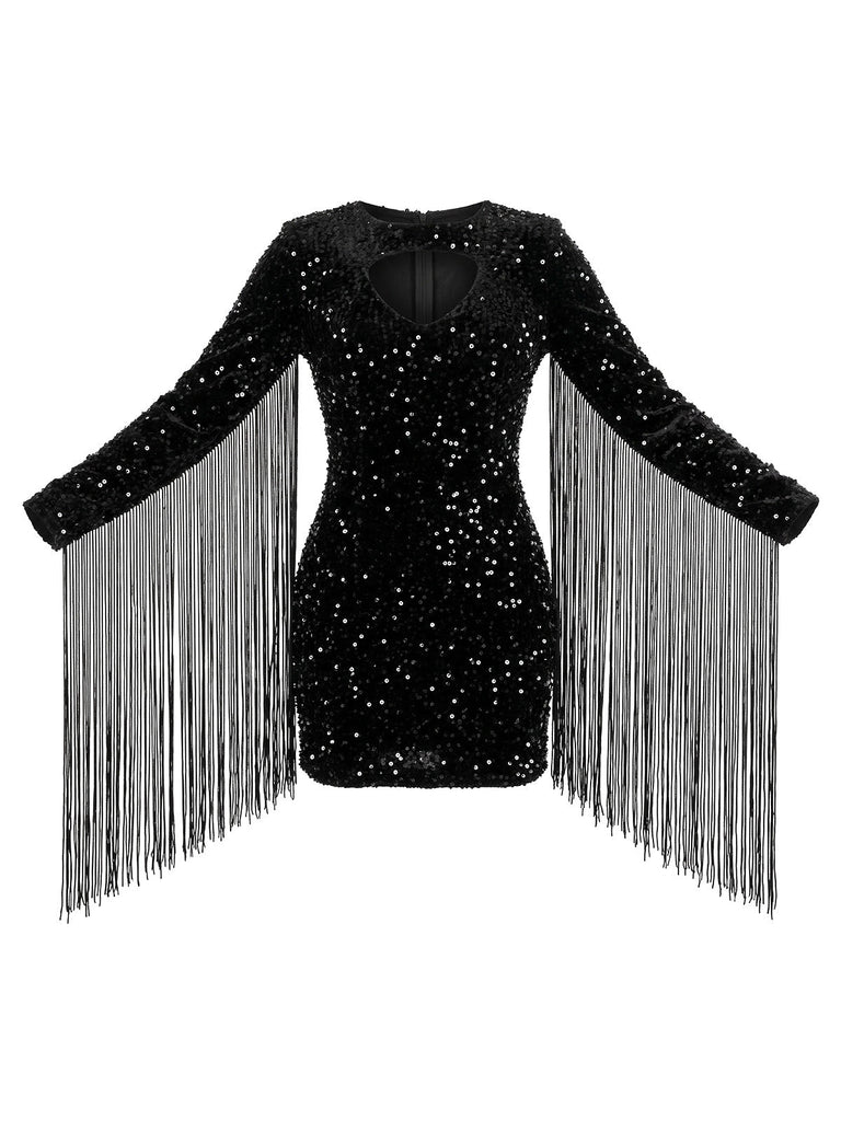 Robe noire à sequins, décolleté goutte d’eau, manches longues et franges années 1980