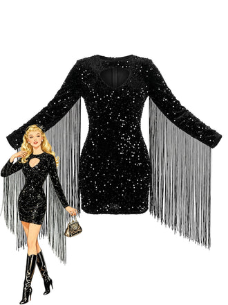 Robe noire à sequins, décolleté goutte d’eau, manches longues et franges années 1980