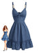 Robe Bleue à Bretelles Fines avec Nœud et Volants Années '60