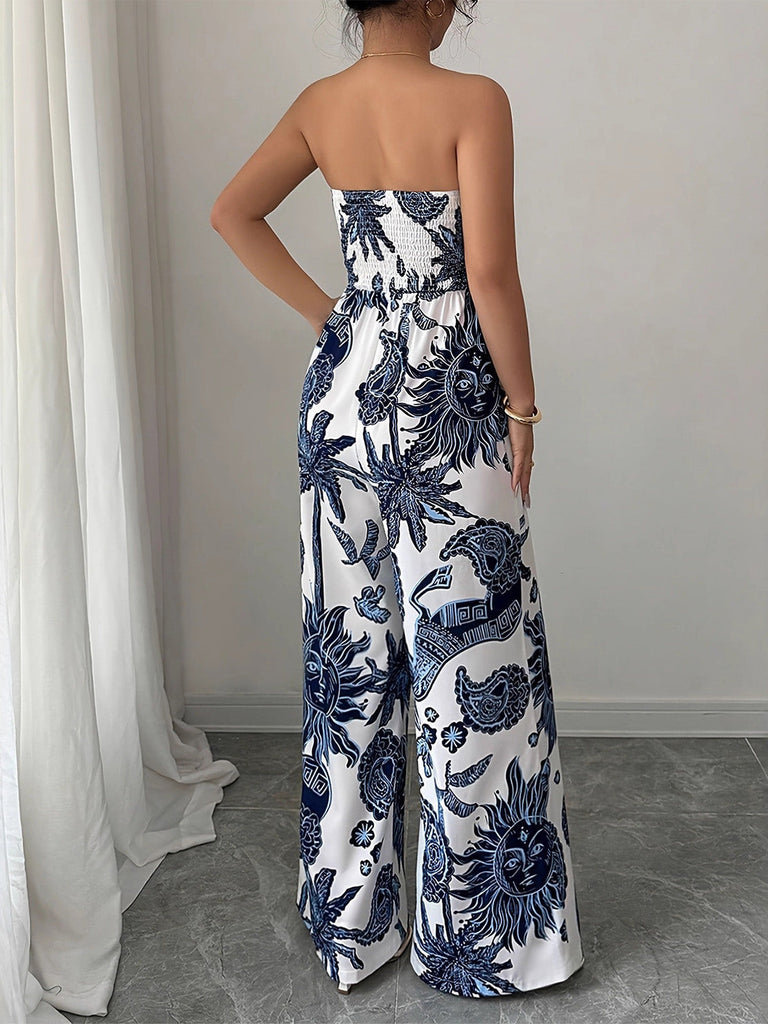 Combinaison Bleue Bustier à Imprimé Céleste et Fronces Années '70 5
