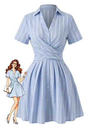 Robe bleue rayures verticales col Johnny croisé années 1950