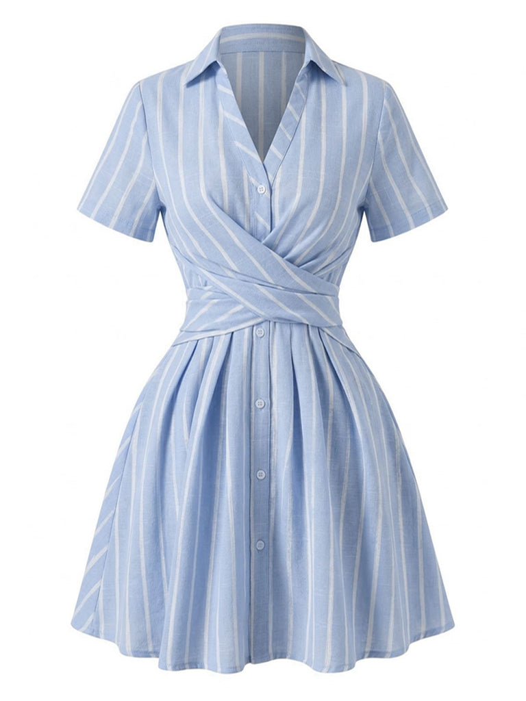 Robe bleue rayures verticales col Johnny croisé années 1950