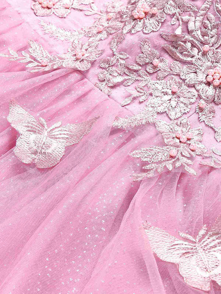 Robe courte rose à paillettes et papillons années 60