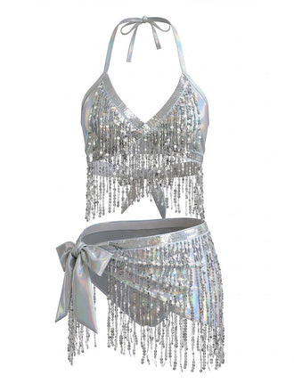 Argent Holographique Sequin Franges Ensemble Bikini & Cache-Maillot Années 1970