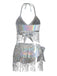 Argent Holographique Sequin Franges Ensemble Bikini & Cache-Maillot Années 1970 2