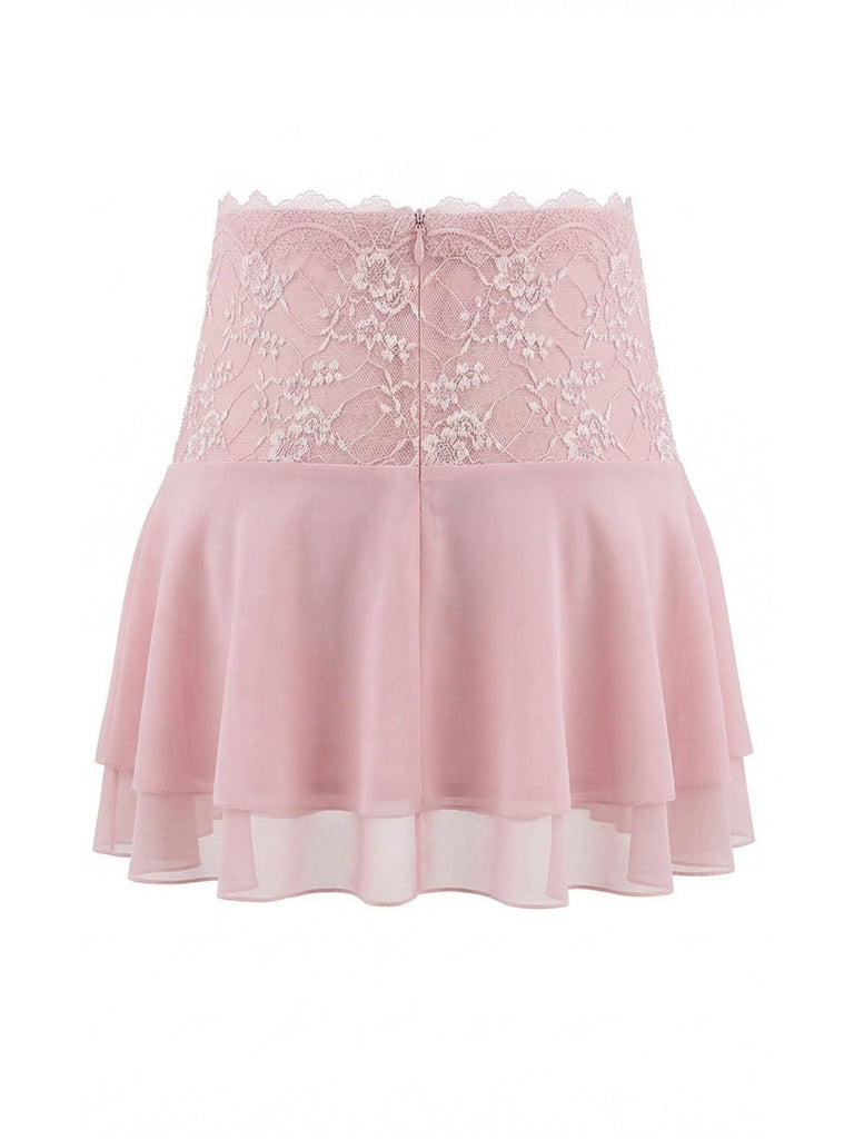 2 Pièces Rose Foncé Dentelle Uni Bandeau Haut & Brodé Jupe Années 1980 7