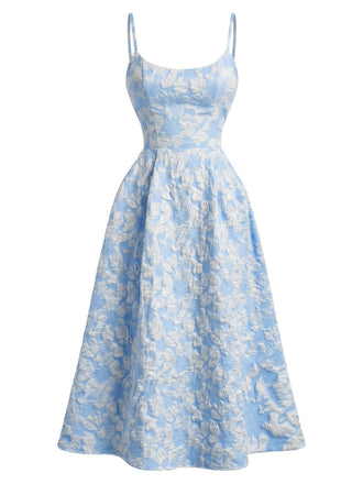 Robe midi bleu fines bretelles floral années 1950