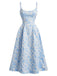 Robe midi bleu fines bretelles floral années 1950