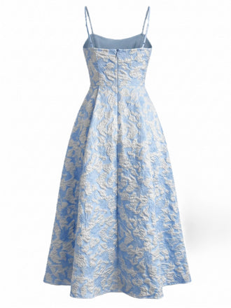 Robe midi bleu fines bretelles floral années 1950
