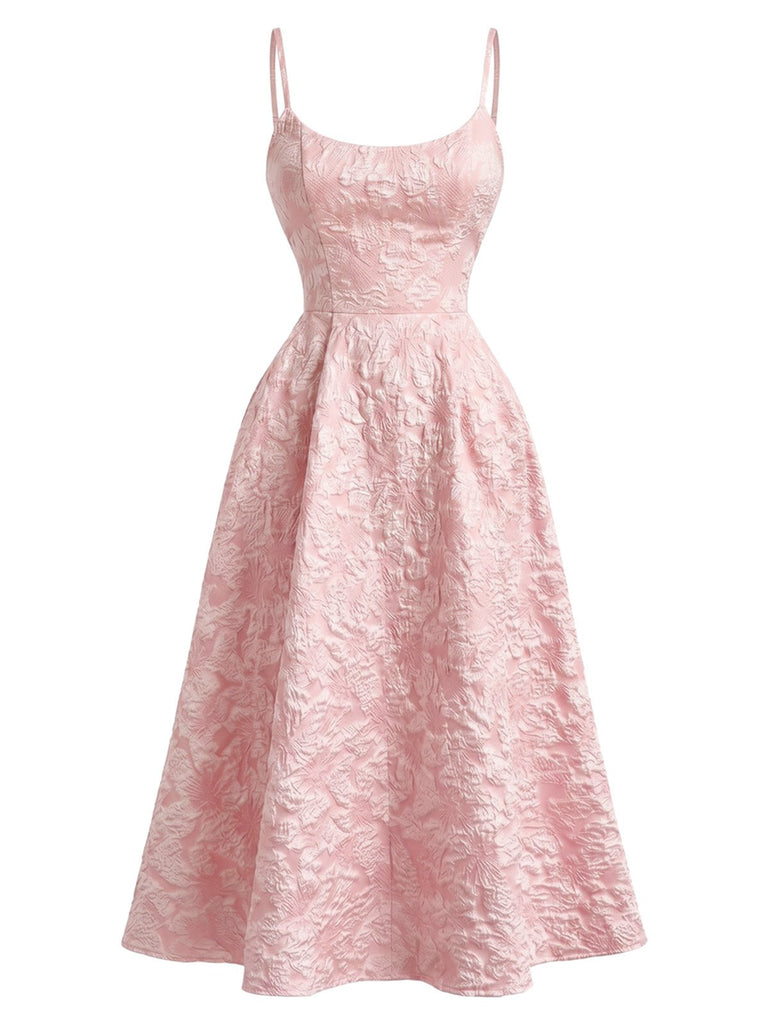 Robe midi bleu fines bretelles floral années 1950