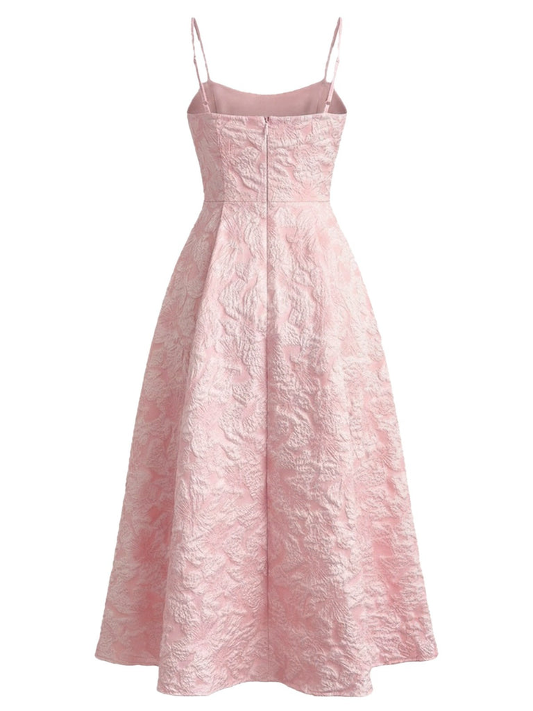 Robe midi bleu fines bretelles floral années 1950