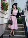 Robe midi bleu fines bretelles floral années 1950