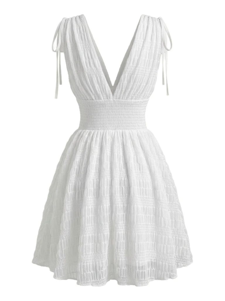 Robe Blanche Sans Manches à Décolleté Plongeant et Taille Froncée Années '50 4