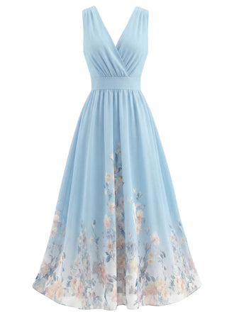 Robe Midi Sans Manches Col V à Fleurs Années '40