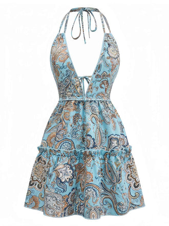 Robe Boho Paisley Halter Deep-V Dos Nu Mini Années 1970 2