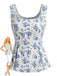 Tops Bleu Floral Imprimé Col Carré Sans Manches PéPrune Années 1950
