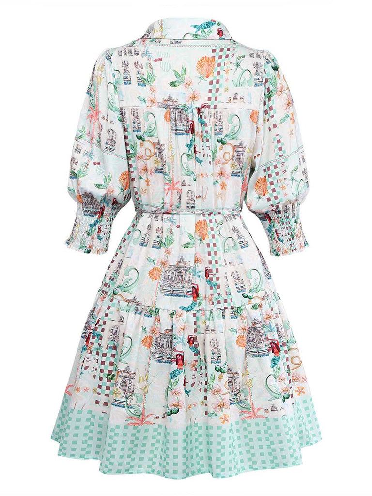Robe Coastal Manches Bouffantes Shirt Vert Années 1970 3