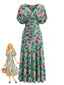 Robe verte motif floral col en V et taille smockée années 1940