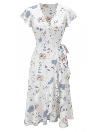 Robe Portefeuille Col V à Manches Volantées Florale Blanche Années 1940 2