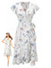 Robe Portefeuille Col V à Manches Volantées Florale Blanche Années 1940
