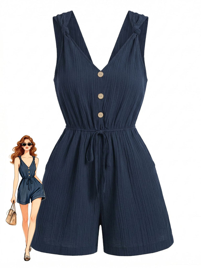 Combishort Col V à Bretelles Nouées Boutonné Bleu Années 1950