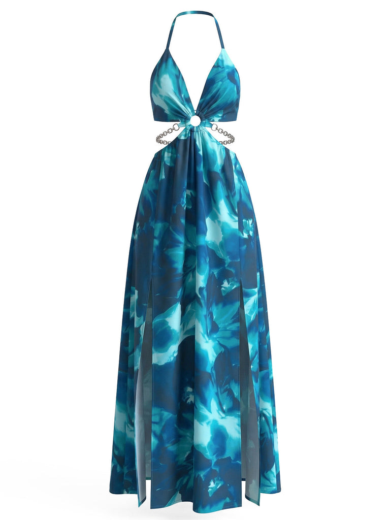 Robe Longue Halter Dos Nu Fendue Florale Années 1930 5