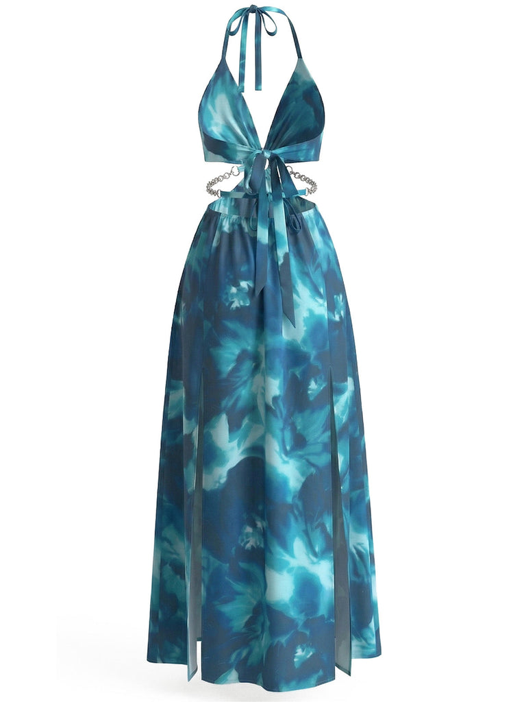 Robe Longue Halter Dos Nu Fendue Florale Années 1930 7