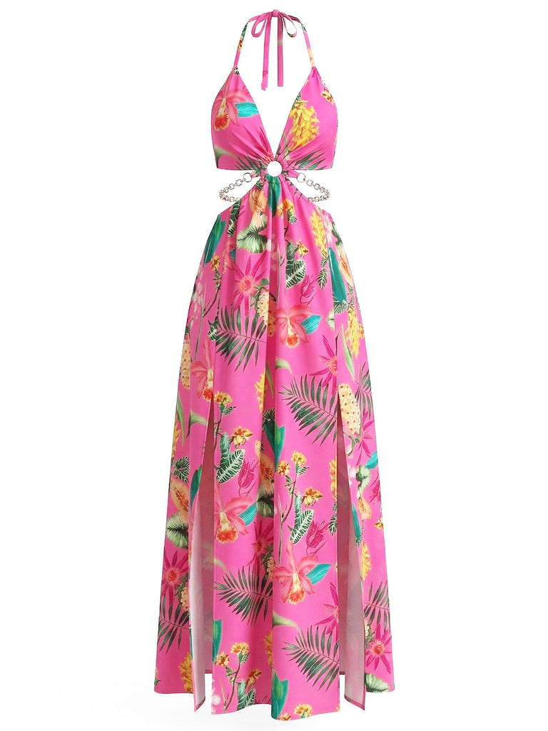 Robe Longue Halter Dos Nu Fendue Florale Années 1930 3