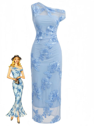 Robe Sirène Bleue Asymétrique à Broderie Florale Années 1930
