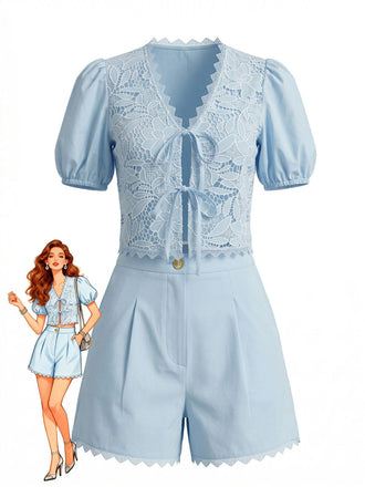 Ensemble 2 Pièces Top à Manches Bouffantes en Coton Dentelle et Short Années 1950