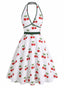 [Prévente] Robe blanche col V et dos nu motif cerises années 50