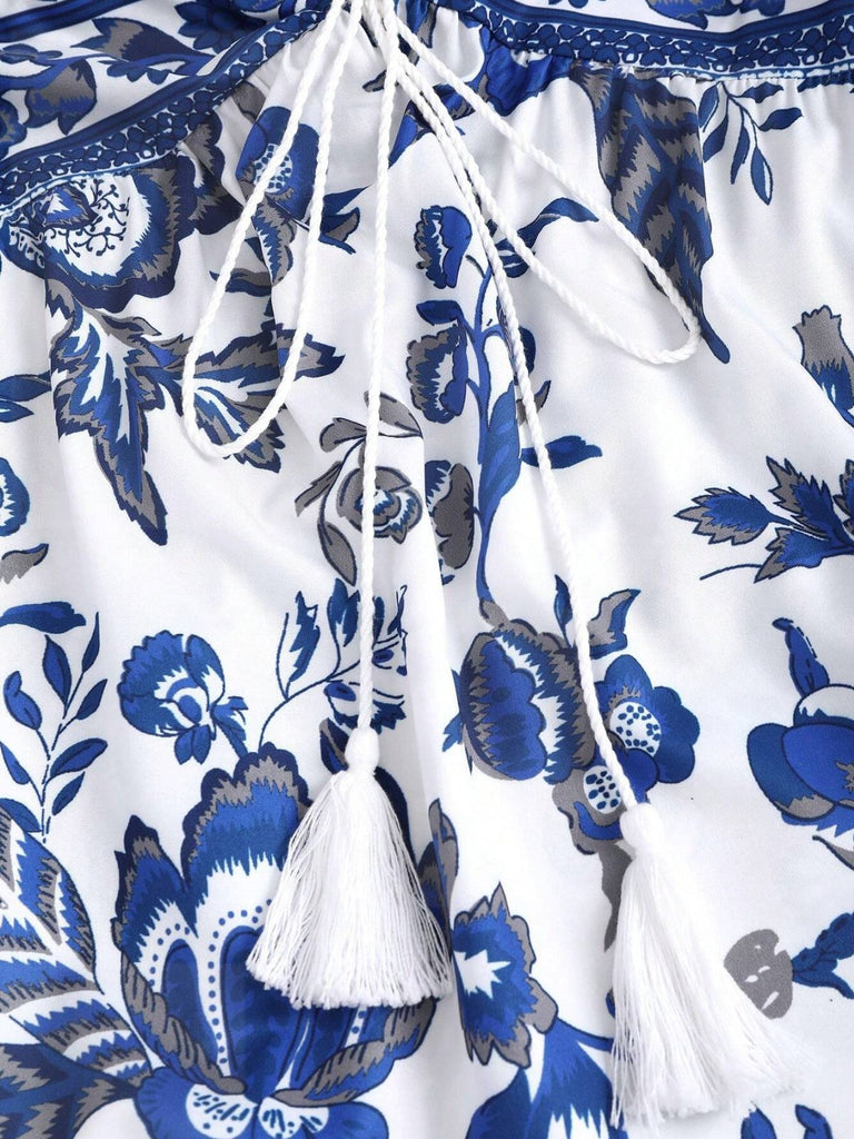 Robe Boho Bleue Halter à Nœud Imprimé Porcelaine Années '70 4