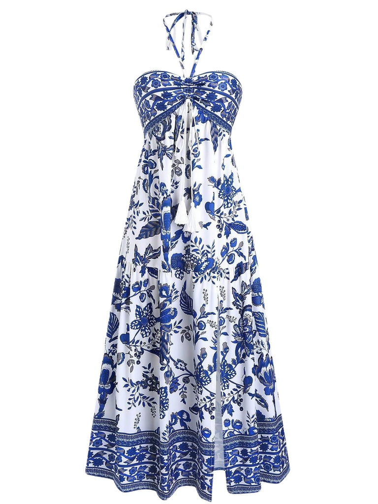 Robe Boho Bleue Halter à Nœud Imprimé Porcelaine Années '70 2